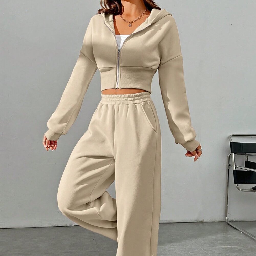 Khaki Casual Women's Zipper Front Hoodie And Pants Two Piece Set - Picture 5 of 7